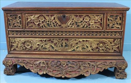 Antique heavily carved Asian blanket chest, 24 in. T, 39 in. W, 18 in. D.