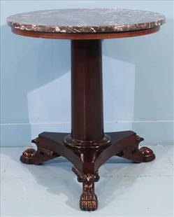 Empire Round Mahogany Marble Top Table: Empire round mahogany marble top table featuring a rich dark finish, paw feet, and center column support. 22 in. H, 20 in. R