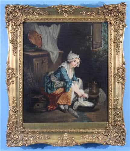19th-Century Oil on Canvas, Signed N. Giraud after Greuze: A beautifully detailed interior scene depicting a young girl in traditional dress, seated near a basin as soft light filters through a nearby window. The composition is rich in texture and color, capt