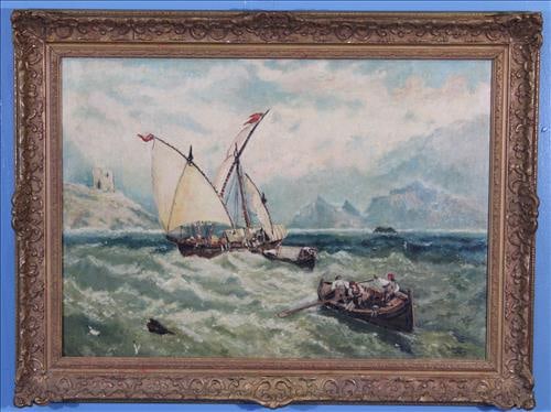 Oil Painting of Coastal Marine Scene by S. Northam 25 x 33 (1 of 3)