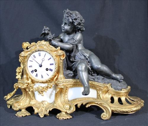 Napoleon III style gilt patinated bronze figural clock, 18 in. T. (1 of 4)