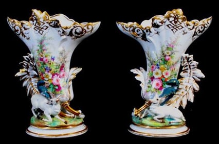 Exceptional pair of Old Paris porcelain vases with figural dear motifs