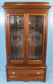 Walnut Gun Cabinet with Etched Glass of Elk Scene