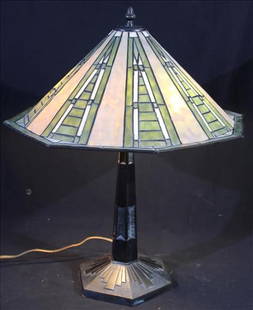 Art deco stained glass lamp, 22 in. T, 14 in. R: Art deco stained glass lamp, 22 in. T, 14 in. R