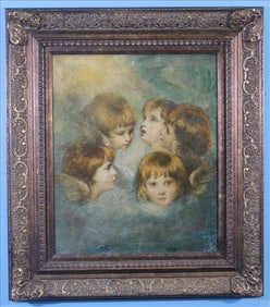 Oil Painting Study of 5 Children signed "Reynolds, 34 in T, 30 in. W
