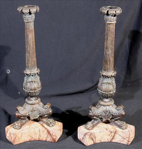 Pair of french empire bronze candlesticks with flutted column and paw feet on marble base, 16 in. T: Pair of french empire bronze candlesticks with flutted column and paw feet on marble base, 16 in. T