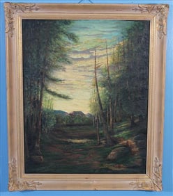 Oil painting of forest scene, 35 in. T, 29 in. W.