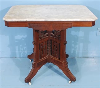 Eastlake Walnut Marble Top Parlor Table