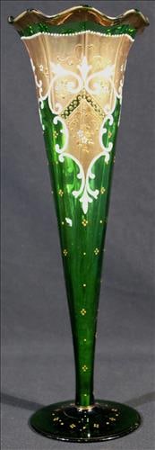 Moser style glass vase with gold rubbed paint and flutted top, 16 in. T (1 of 3)