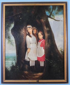 Oil painting on canvas of 3 children signed "Eckardt", 33 x 27