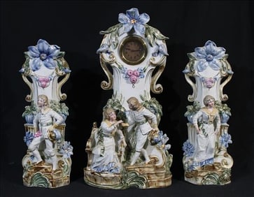 German 3 piece porcelain mantel clock