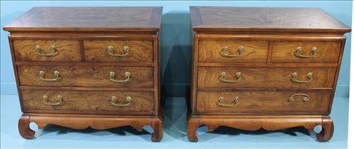 Pair of burl wood chinoiserie commodes, 28 in. T, 32 in. W, 18 in. D.: Pair of burl wood chinoiserie commodes, 28 in. T, 32 in. W, 18 in. D.