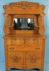 Tiger oak sideboard or buffet with beveled mirror, 70 in. T, 42 in W.