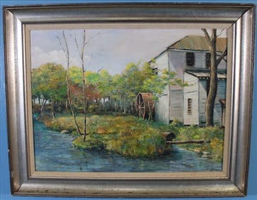 Oil on canvas "The Waterwheel House" signed by "Ctibor", 23 x 29