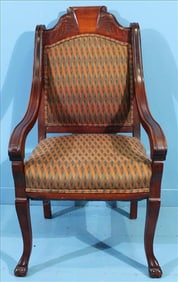 Mahogany chair with claw feet, 40 in. T, 21 in. W, 18 in. D.