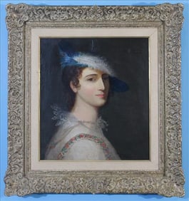 Oil Portrait of Unidentified Woman with feathered hat