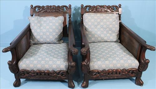 Pair of Edwardian carved mahogany chairs with cain back and sides, 73 in. T, 31 in. W, 28 in. D: Pair of Edwardian carved mahogany chairs with cain back and sides, 73 in. T, 31 in. W, 28 in. D