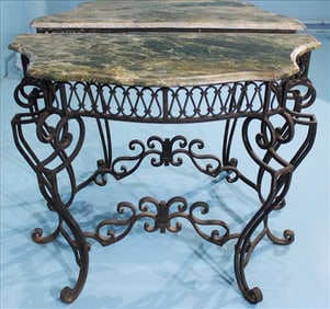Pair of wrought iron console tables with green marble tops, 31 in. T, 35 in. W, 15 in. D