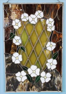 Stain Glass Window Pane with Magnolias: Stained Glass Window Pane with Magnolias, 36 in. T, 24 in. W
