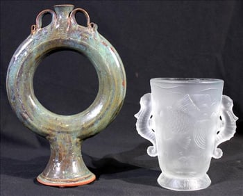 Terracotta ring jug pottery and satin finished sea horse vase, 12 in. T, 8 in. W