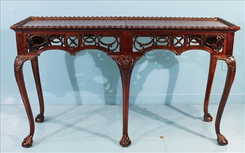 Vintage Weatherston Hall Console Table: Vintage Weatherston Hall Console Table in Chippendale style with leather top and gold inlay, 34 in. T, 58 in. L, 18 in. W