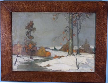 Oil Painting of Snowy Landscape Signed EBT, 1929
