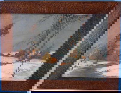 Oil Painting of Snowy Landscape Signed ABT, 1929: Charming winter landscape oil painting signed and dated “ABT, 1929.&rdquo; The muted tones and expressive brushwork evoke a tranquil snow-covered countryside. Housed in a rich quarter-sawn oak frame