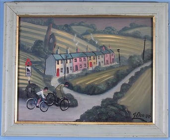 Signed James Downie Oil Painting "Old Bike Man and Son"