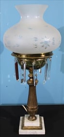 Brass Astral Lamp with prisms and etched shade on marble base
