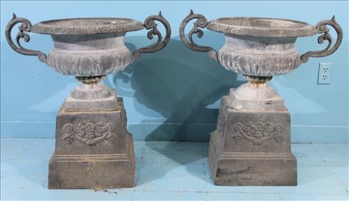 Pair of Cast Iron Garden Urns with Decorative Handles: Pair of Cast Iron Garden Urns with Decorative Handles in Good Condition, 27 in. T, 28 in. W