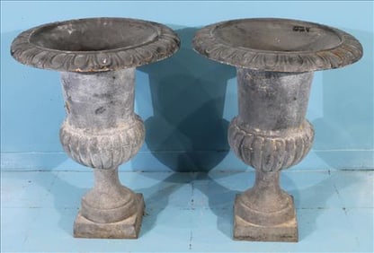 Pair of Gray Cast Iron Garden Urns