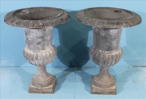 Pair of Gray Cast Iron Garden Urns: Pair of Gray Cast Iron Garden Urns, 30 in. T, 22 in. W