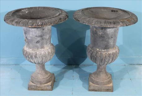 Pair of Gray Cast Iron Garden Urns: Pair of Gray Cast Iron Garden Urns, 30 in. T, 22 in. W