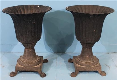 Pair of Black Cast Iron Claw Foot Garden Urns