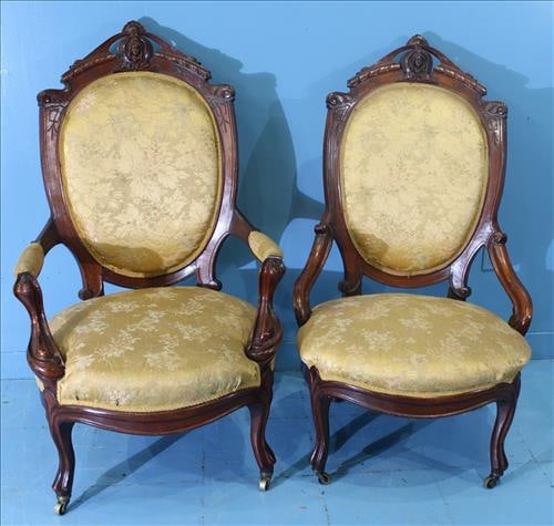 Pair of Antique Victorian Walnut Parlor Chairs – Lady’s & Gentleman’s, Balloon Back, Carved (1 of 4)