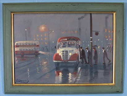James Downie Oil Painting "Bedford OB Bus" Signed 2006: James Downie Oil Painting "Bedford OB Bus", Signed 2006, 13 in. H, 17 in. W