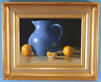 Still Life Oil Painting of Blue Pitcher and Oranges Signed