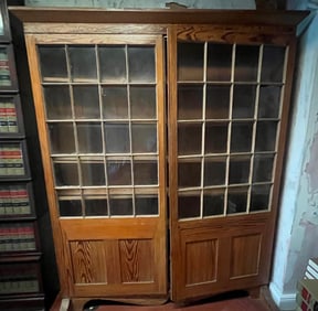 Antique Oak Double-Door Bookcase with Divided Glass Panels