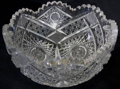 Brilliant Cut Glass Bowl: Deep American Brilliant Period cut glass bowl with sharply defined geometric patterns, including hobstars, fans, and crosshatching. The crispness of the design reflects superior craftsmanship. Suitabl