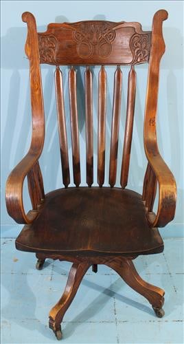 Antique Oak Pressback Swivel Office Chair on Casters (1 of 4)