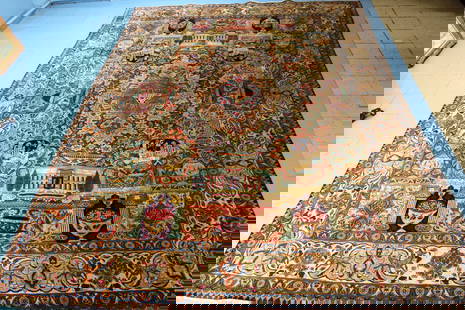 Handmade Persian Pictoral Rug: Beautiful handmade Persian rug featuring a complex pictorial and medallion garden design. The central field displays a grid of decorative panels with stylized script cartouches, architectural motifs,