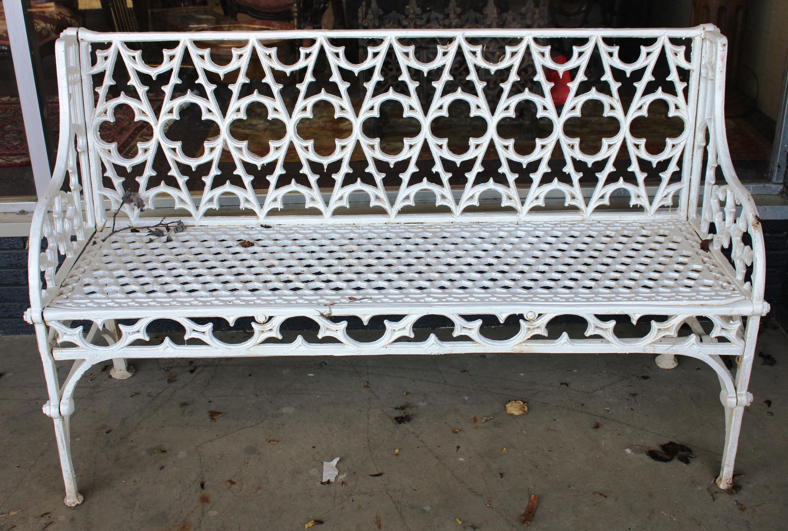 Heavy white gothic style cast iron bench with pierced back and seat (1 of 4)