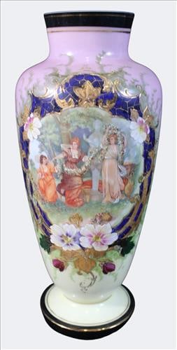 French Hand-Painted Opaline Vase, 19th Century: French opaline glass vase, decorated with a central hand-painted figural reserve depicting a romantic classical scene. The cartouche is framed by cobalt blue and raised gilt scrollwork with floral spr