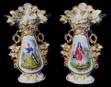 Pair of Old Pairs Porcelain Vases, Mid 19th Century