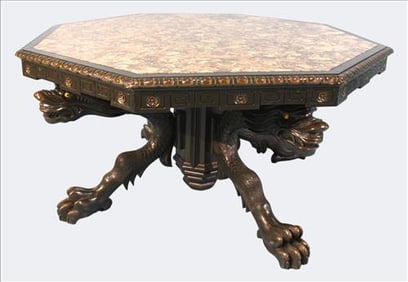 Signed Dante Carnescal Carved Dragon Center Table with Marble Top