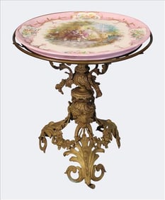 Old Paris Porcelain Top Occasional Table with Gilt Metal Base on Casters