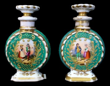 Pair of Old Paris Porcelain Perfume Bottles, Mid 19th-Century