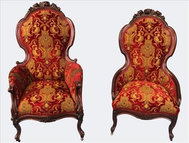 Pair of Walnut Victorian Parlor Chairs, Mid 19th-Century