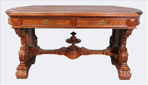 Victorian Carved Walnut Library Table, Mid 19th-Century