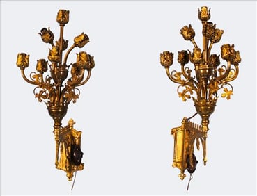 Pair of Ornate Gilt Bronze Gothic Sconces, Late 19th Century, Electrified